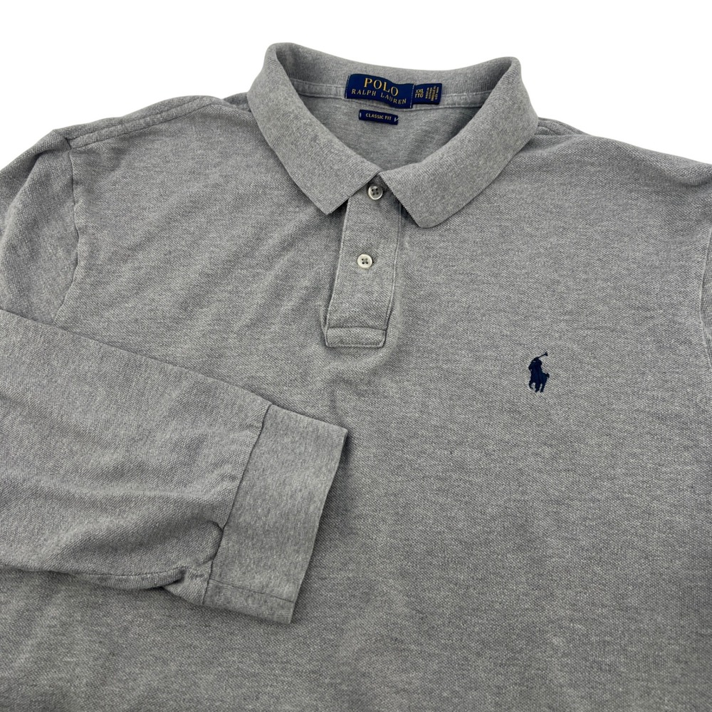 Polo Ralph Lauren Mens XXL Gray Long Sleeve Classic Fit Pique Polo Shirt Logo